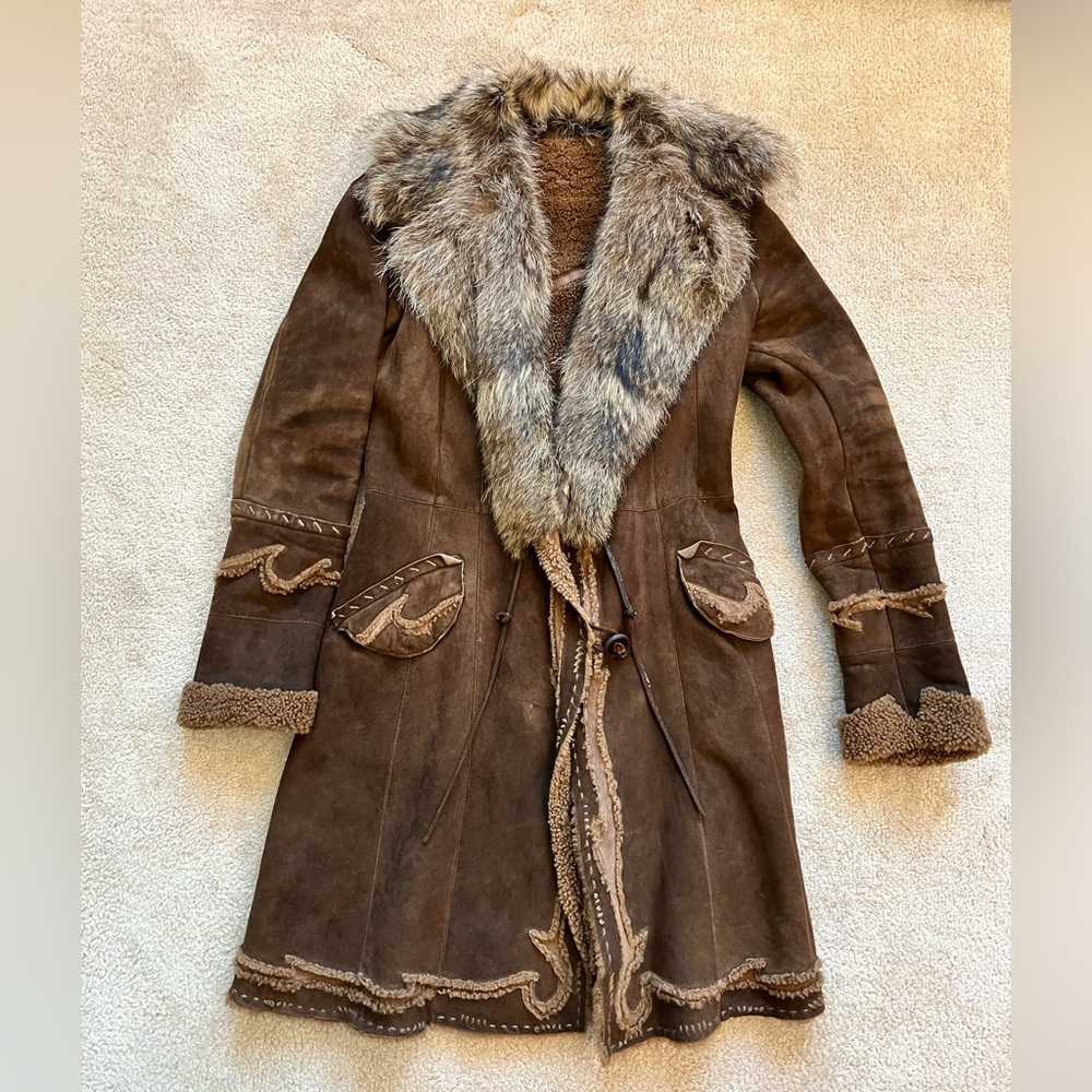 Rizal Brown Shearling Midi Coat Size 10